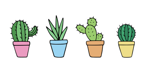 Cute cacti set, cactus in little plant pots, vector illustration doodle drawing, hand drawing cactus and succulent isolated icons.