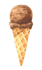Watercolor chocolate ice cream in waffle cone, isolated on white background. Hand drawn illustration.