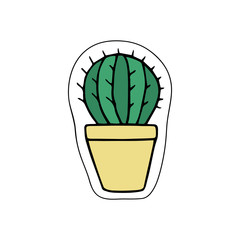 Cute little cacti in yellow plant pot. Vector illustration doodle cartoon drawing. Cactus isolated sticker icon.