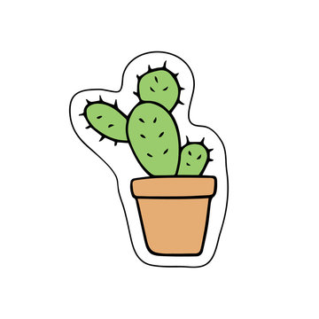 Cute little cacti in orange or beige plant pot. Vector illustration doodle cartoon drawing. Isolated sticker icon.