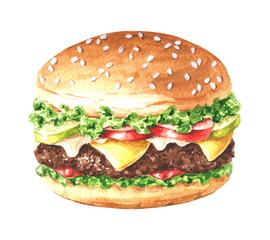 Hand drawn watercolor delicious burger illustration, fastfood isolated on white background.  - obrazy, fototapety, plakaty
