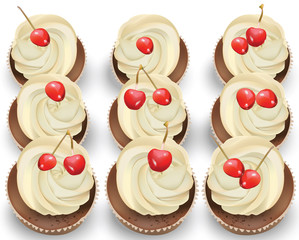 Cupcakes on a white table. Summer delicious desserts cherry vanilla flavors