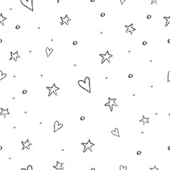 pattern with hand drawn heart and stars.