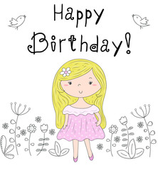 happy birthday card. pretty little girl vector illustration