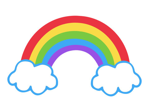 Colorful rainbow icon, vector illustration doodle drawing. Cartoon rainbow with two clouds.