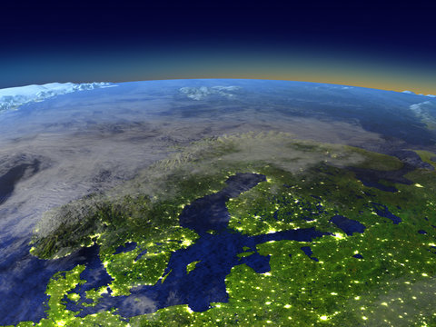 Evening above Scandinavian Peninsula from space