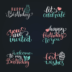 Vector Happy Birthday hand lettering collection, Big Party, Best Wishes etc. Calligraphy set for greeting cards etc.