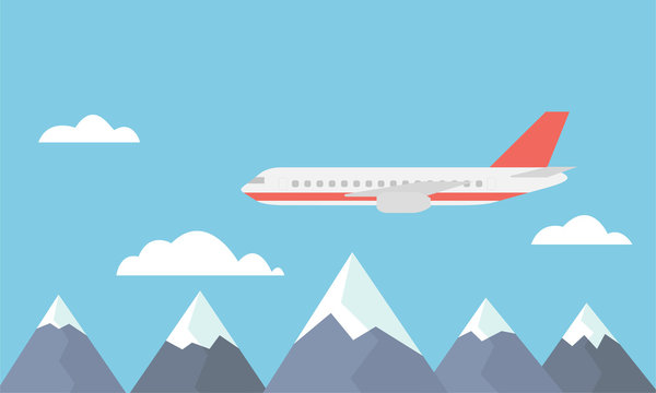 View of a large and fast airliner flying over the mountains between clouds on a blue sky - vector