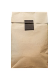 front view of brown paper bag with black seal isolated on white background