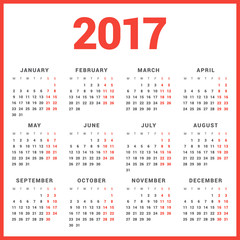 Calendar for 2017 Year on White Background. Week Starts Monday. Simple Vector Template. Stationery Design Template