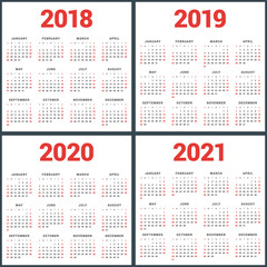 Set of calendars for 2018, 2019, 2020, 2021 years. Week Starts Sunday. Simple Vector Template. Stationery Design Template