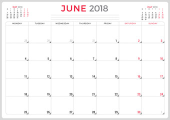June 2018. Calendar planner design template. Week starts on Monday. Stationery design