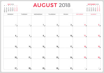 August 2018. Calendar planner design template. Week starts on Monday. Stationery design