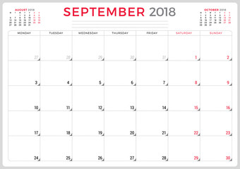 September 2018. Calendar planner design template. Week starts on Monday. Stationery design