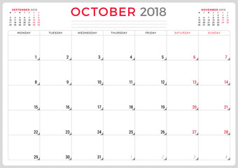 October 2018. Calendar planner design template. Week starts on Monday. Stationery design