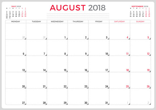 August 2018. Calendar planner design template. Week starts on Monday. Stationery design