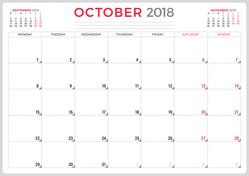 October 2018. Calendar planner design template. Week starts on Monday. Stationery design