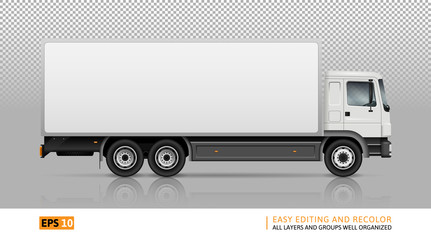 Semi truck template for car branding and advertising. Isolated cargo vehicle on transparent background. All layers and groups well organized for easy editing and recolor. View from right side.