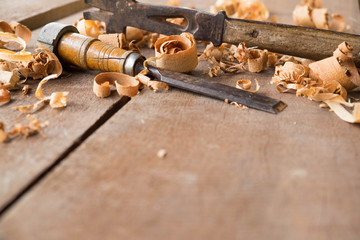 wood carpenter tools chisel and hammer