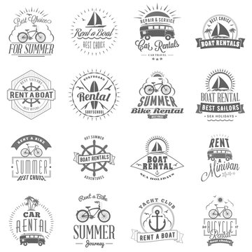 Set of summer rental emblem design. Typographic retro style summer advertising badges for rental agencies banner or poster. Bycicle, car, surfboard, boat rentals. Isolated on white