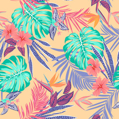 Vector seamless tropical pattern, vivid tropic foliage, with monstera leaf, palm leaves, bird of paradise flower, hibiscus in bloom. modern bright summer print design