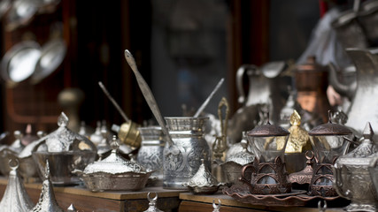 Handmade traditional coffee pot for Turkish coffee made of copper in Gaziantep, Turkey