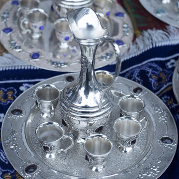 Handmade traditional metal pitcher in a authentic store in Gaziantep, Turkey