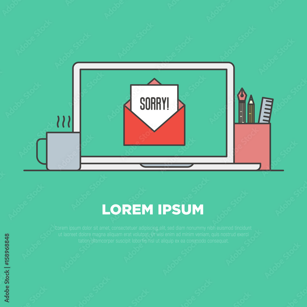 Poster 'sorry' written in envelope on monitor of notebook, pencils and cup of coffee near. thin line vector