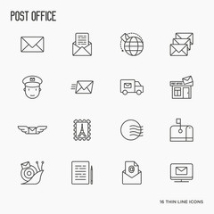 Post office related thin line icons set. Symbols of shipping, delivery, packaging. Vector illustration.