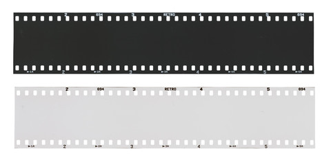 Empty black and 135 type (35mm) white film strip template in negative and positive isolated on white background with work path.