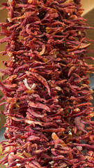  Dried peppers and aubergines in a famous local bazaar in Gaziantep, Turkey.	