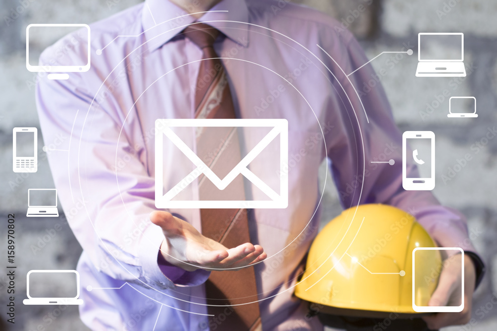 Poster businessman pressing button mail message virtual computer network industry