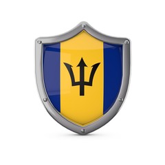 Barbados security concept. Metal shield shape with national flag