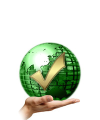 Green planet earth ballancing on one human hand, Golden checkmark, all isolated against the white background