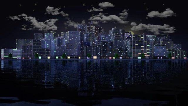 Animazione. Profilo di citt&agrave; dal giorno alla notte. Sorge la luna e si accendono le luci..