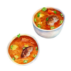 Beef soup, watercolor illustration in hand-drawn style isolated on white background.