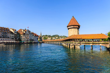 View at the Chapel bridge over Reuss river in Luzern (Lucerne).