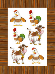 cartoon page with wooden frame and matching game / farm animals / illustration for children