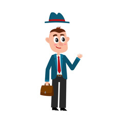 Funny businessman in business suit and removable hat, holding briefcase, showing okay sign, cartoon vector illustration on white background. Funny cartoon businessman with briefcase and removable hat