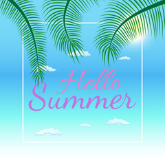 Fototapeta na wymiar Hello Summer Vector Illustration - Bold Text with Palm Trees on blue Background