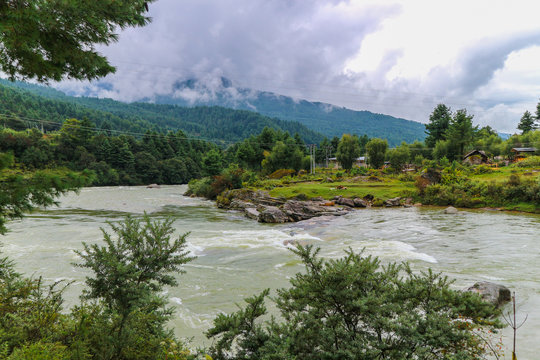 Village near Mangde Chhu (Tongsa River) in Bumthang, Bhutan.