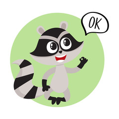 Cute little raccoon character sitting in lotus pose with OK word in speech bubble, cartoon vector illustration isolated on white background. Label, avatar with funny little raccoon showing okay, ok