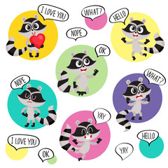 Emoji, emoticon stickers with cute raccoon character and speech bubbles, cartoon vector illustration isolated on white background. Funny little raccoon character saying words, showing emotions