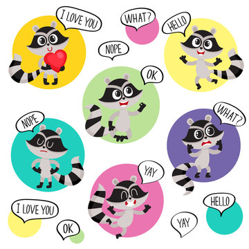 Emoji, emoticon stickers with cute raccoon character and speech bubbles, cartoon vector illustration isolated on white background. Funny little raccoon character saying words, showing emotions
