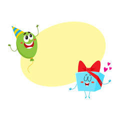 Smiling birthday party characters - floating balloon and present, gift, cartoon vector illustration with space for text. Funny birthday gift and balloon in party hat characters, mascots