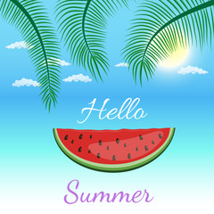 hello summer word with fruit, watermelon and Bold Text with Palm Trees on blue Background