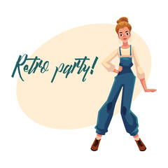 Retro disco party invitation, poster template, layout with woman in 1990s style clothes, denim jumpsuit, cartoon vector illustration. Nineties style disco party invitation banner poster template