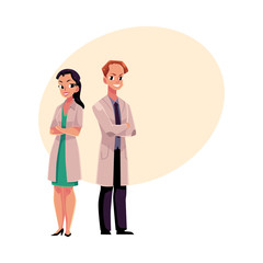 Male and female doctors in white medical coats standing confidently with arms folded, crossed on breast, cartoon vector illustration with space for text. Full length portrait of two doctors