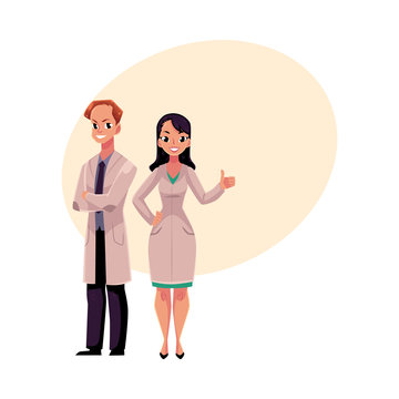 Male and female doctors in white medical coats, man with arms folded, woman showing thumb up, cartoon vector illustration with space for text. Full length portrait of two doctors, front view
