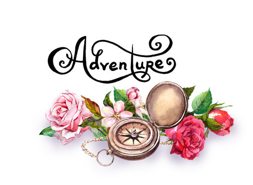 Travel concept - compass, flowers with lettering Adventure . Watercolor